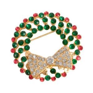 1980s Gold Tone Green Red White Rhinestone Christmas Wreath Pin Brooch